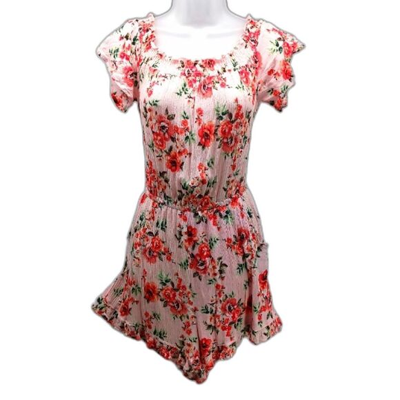 Bongo Floral Romper Smock Neckline+Waist 2 Pocket 100% Rayon Women's Large. Pink - Picture 1 of 11